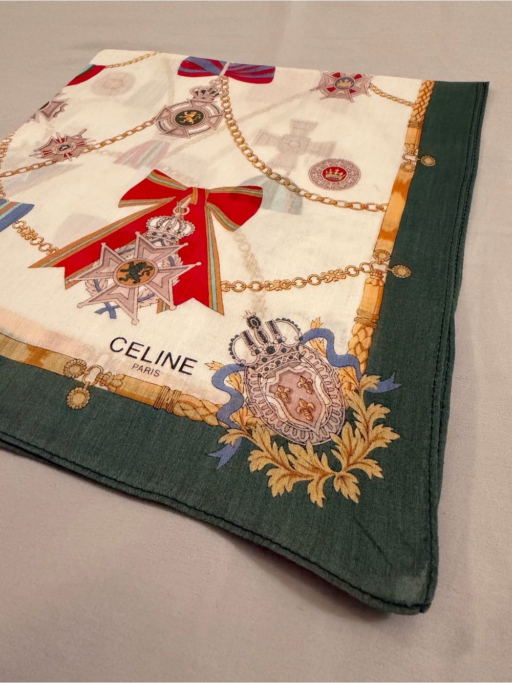 CELINE Motif Handkerchief in Green, Cream and Red